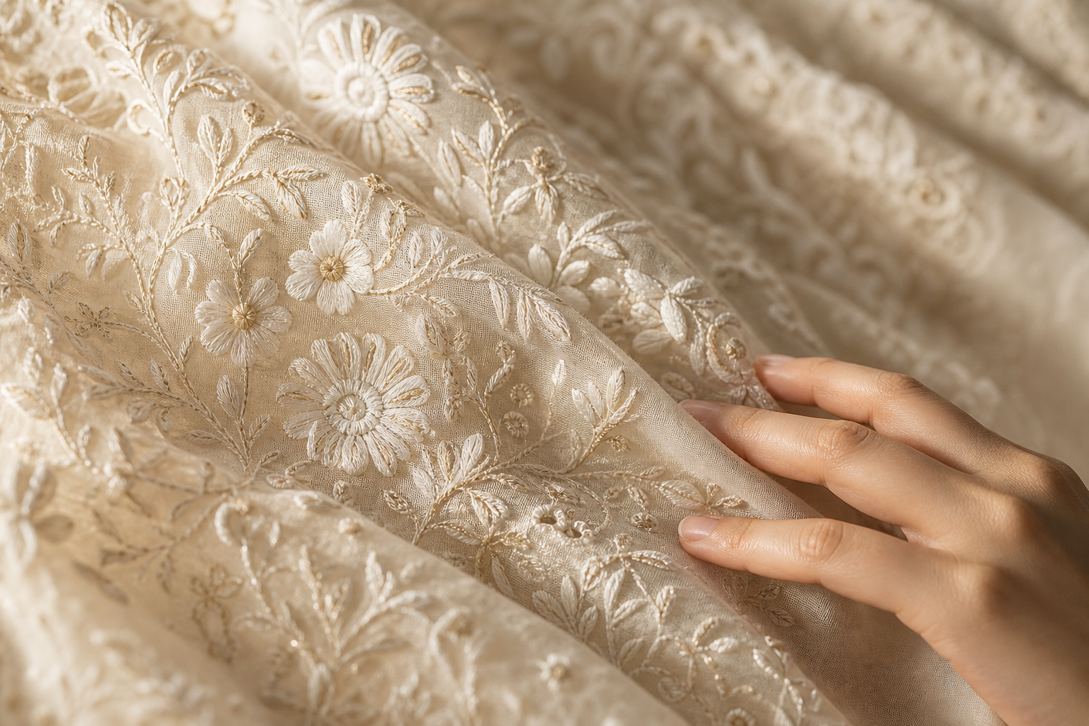 Close-up of white Chikankari embroidery on fine cotton fabric