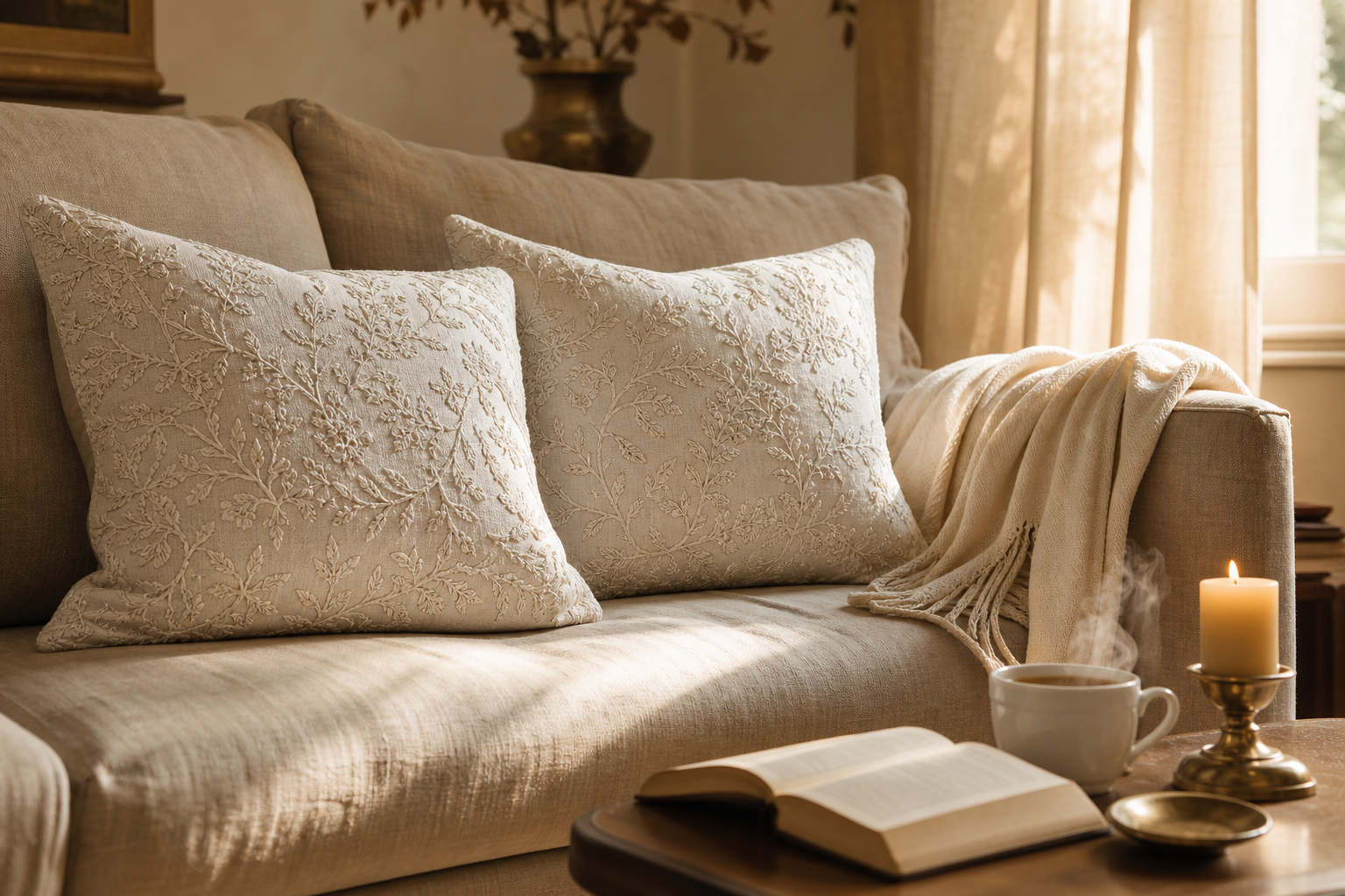 Beautifully styled living corner with Chikankari cushions and candle